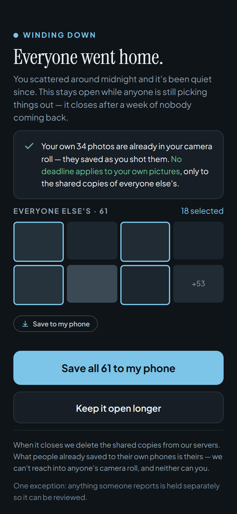 Winding down: everyone saves their photos to their own phone before the shared copy goes.